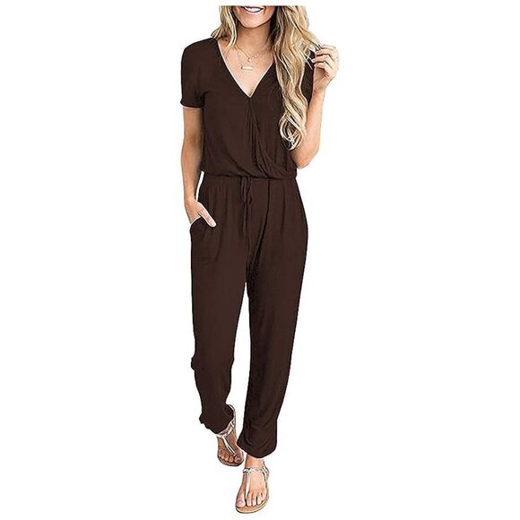 Women's Summer Casual Deep V Neck Short Sleeve Wrap Drawstring Coffee